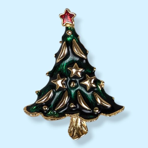(2/$20) V. Green Enamel Tree Brooch - Picture 1 of 8